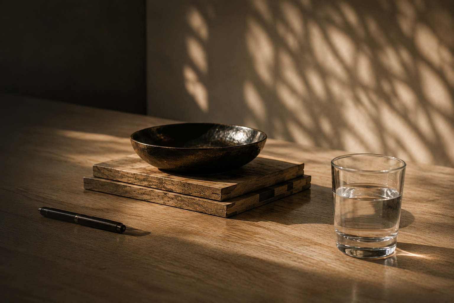 A wooden table with a black ceramic bowl, a glass of water, a pen, and a set of three wooden coasters with a marble pattern, sunlight casting shadow patterns on the wall.