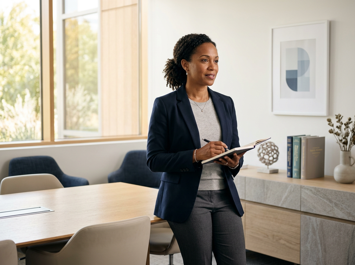 Healthcare professional holding a notebook in a professional office setting