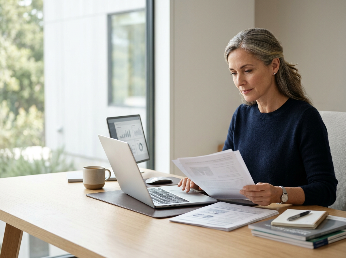 Healthcare professional reviewing clinical documents while working on a laptop