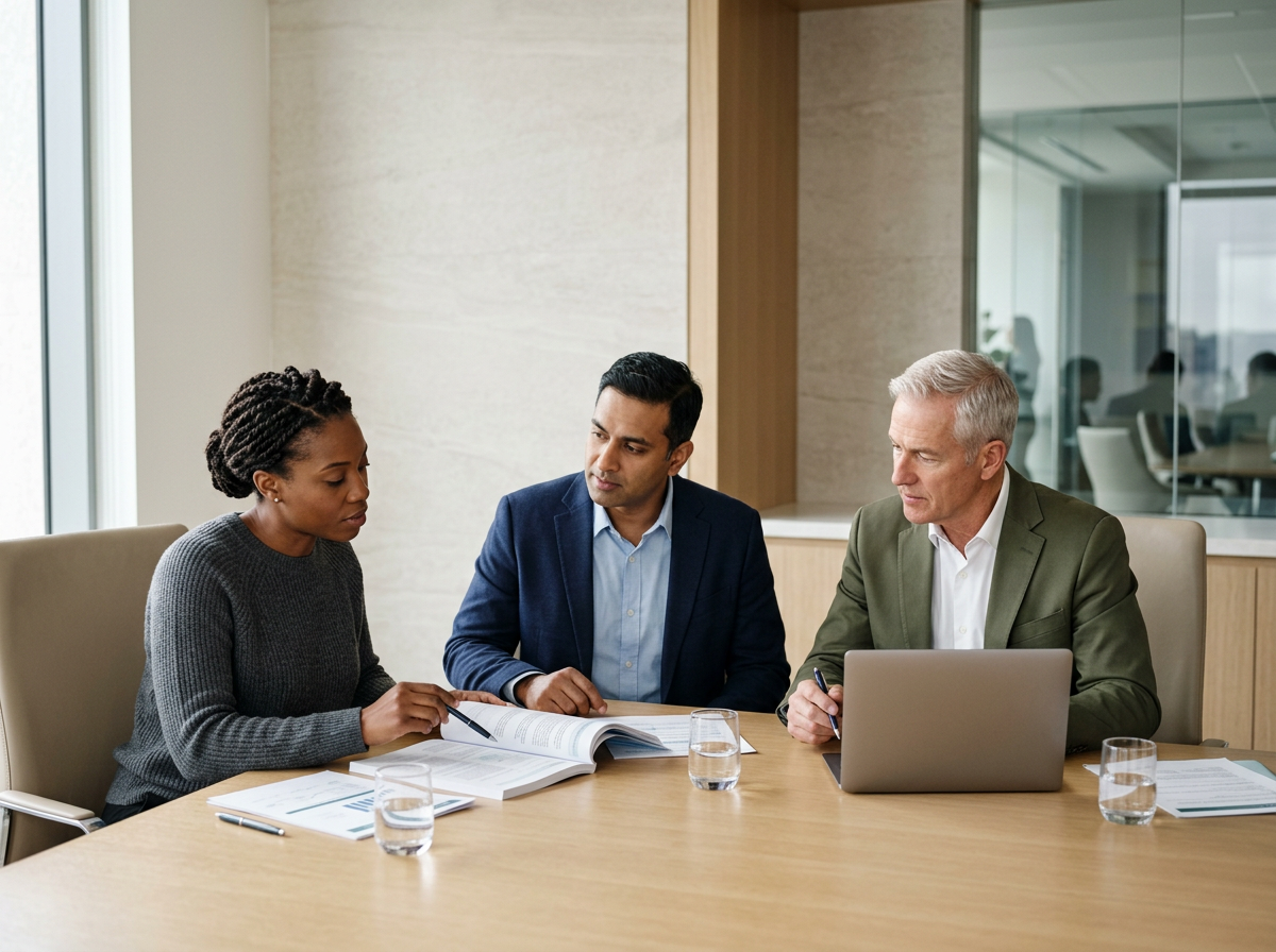 Three healthcare professionals reviewing documents together at a table
