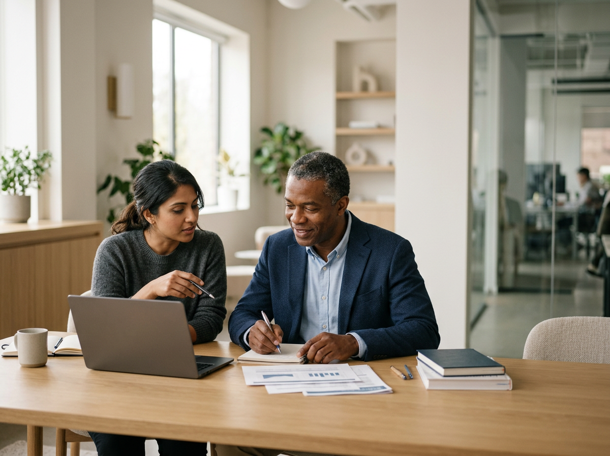 Two professionals reviewing healthcare content together