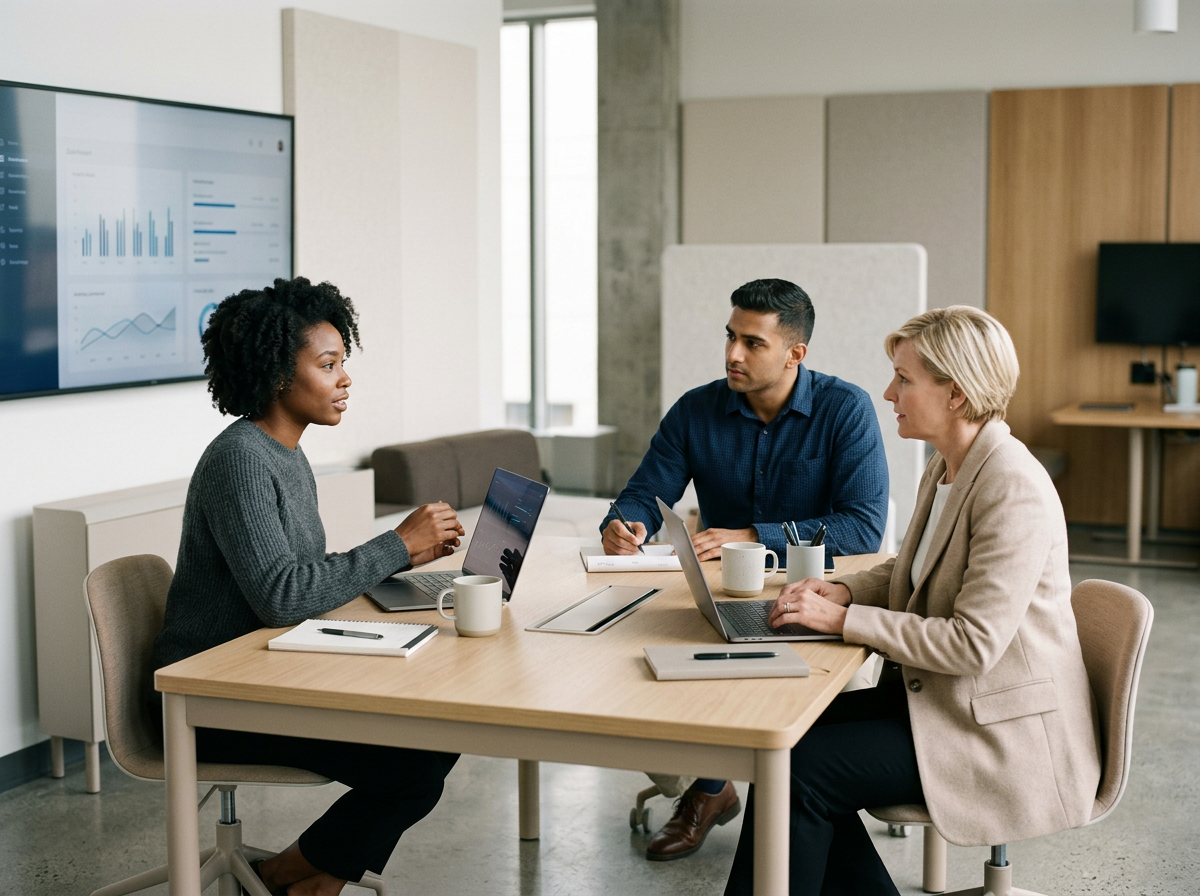 Professionals discussing digital health information around a laptop