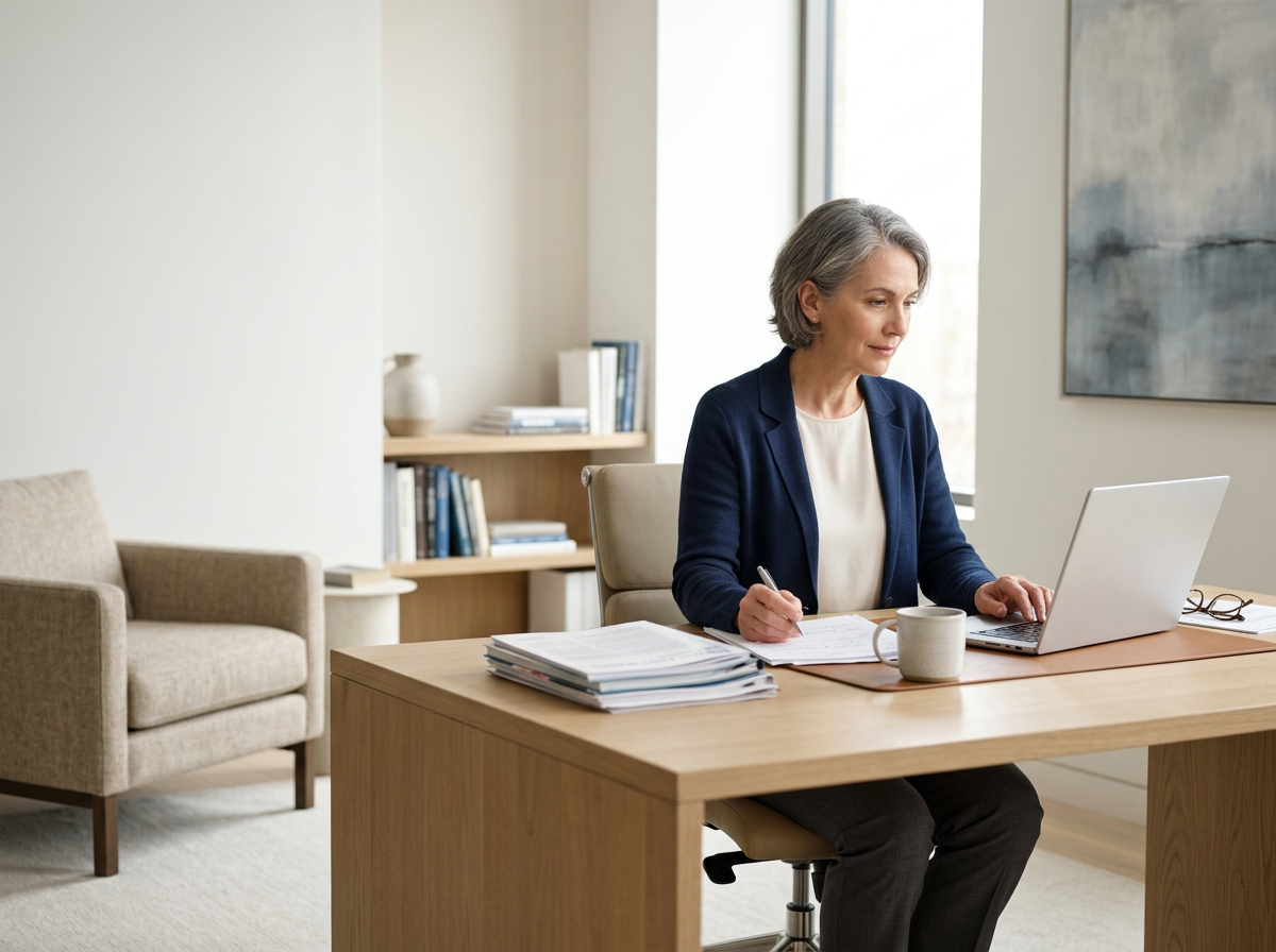 Healthcare consultant reviewing clinical documents at a desk