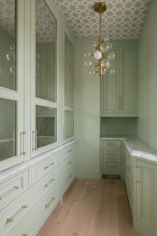 Sage green built-in cabinetry with brass hardware, a marble counter and a patterned wallpapered ceiling in a renovated butler's pantry.