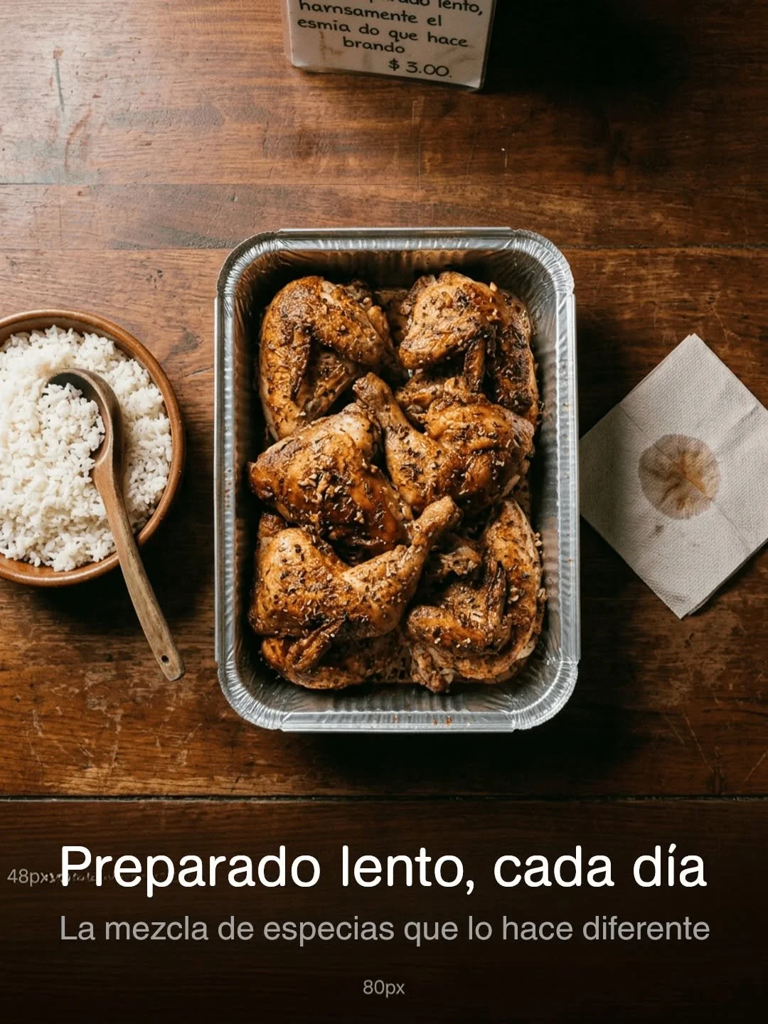 A metal tray filled with cooked chicken wings, a small bowl of white rice with a spoon, a paper napkin, and a partially visible sign in Spanish on a wooden table.