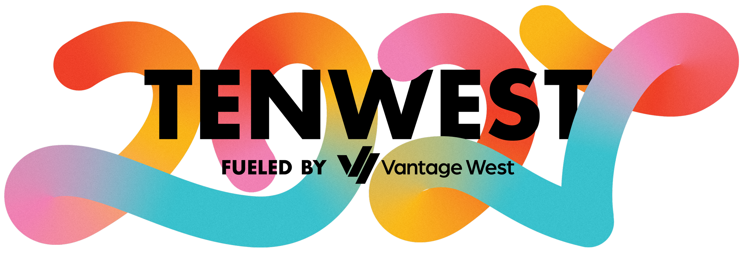 Colorful graphic design with the word 'TELEVISION' in bold black letters, featuring overlapping and intertwining abstract shapes in pink, orange, yellow, blue, and purple, with smaller text 'Fuel by Vantage West' underneath.