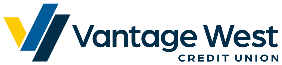 Vantage West Credit Union logo with stylized yellow and blue graphic and text.