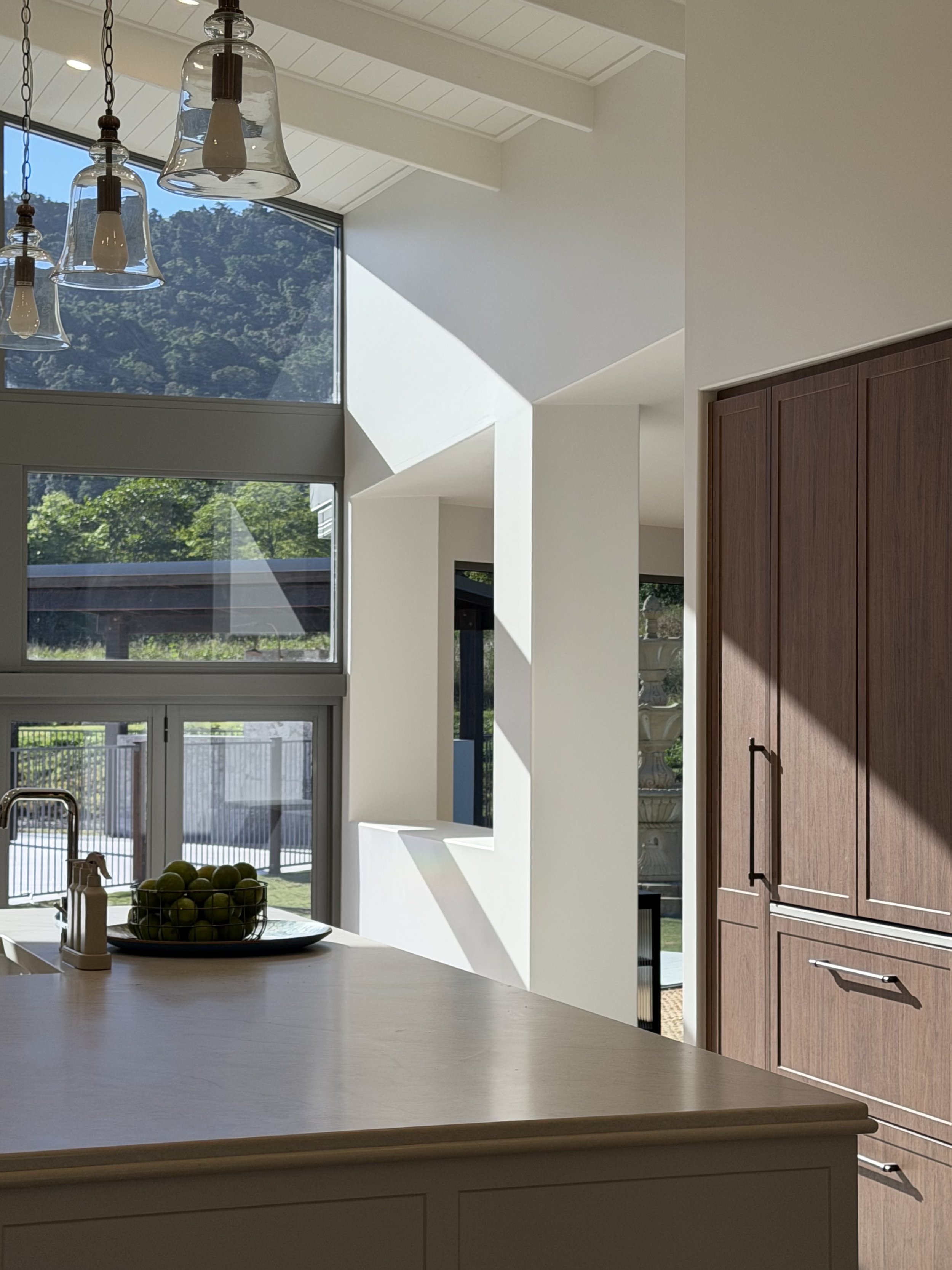 Interior view of a modern kitchen with a white counter, a bowl of limes, large windows showing greenery outside, and wooden cabinets.