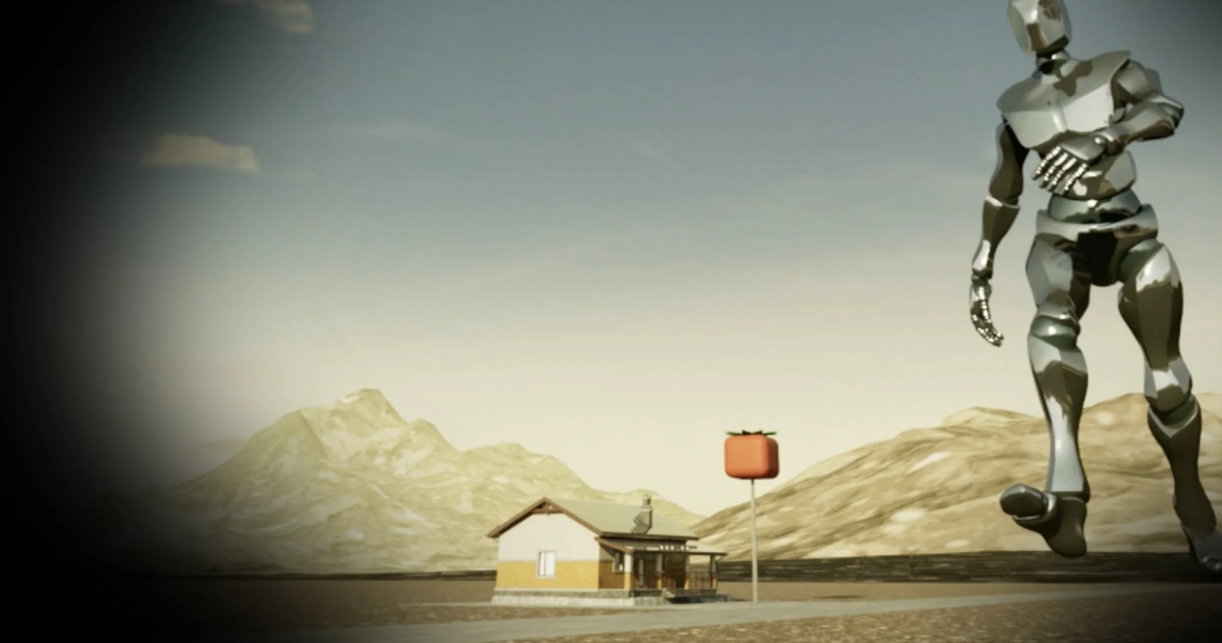 A humanoid robot with a metallic body standing on a landscape with mountains and a house in the foreground.