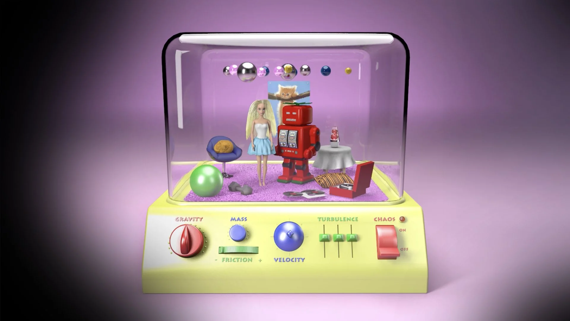 Children's toy with advanced physics controls such as gravity, mass, turbulence, velocity and more.