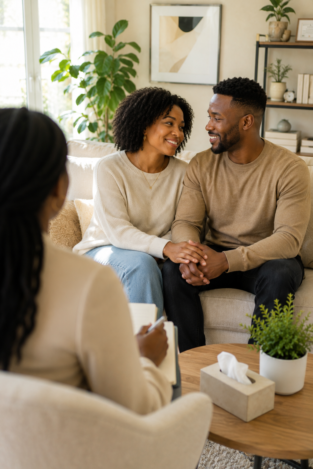 A couple sitting on a sofa holding hands and smiling at each other during a therapy session with a counselor in a cozy, well-lit living room.