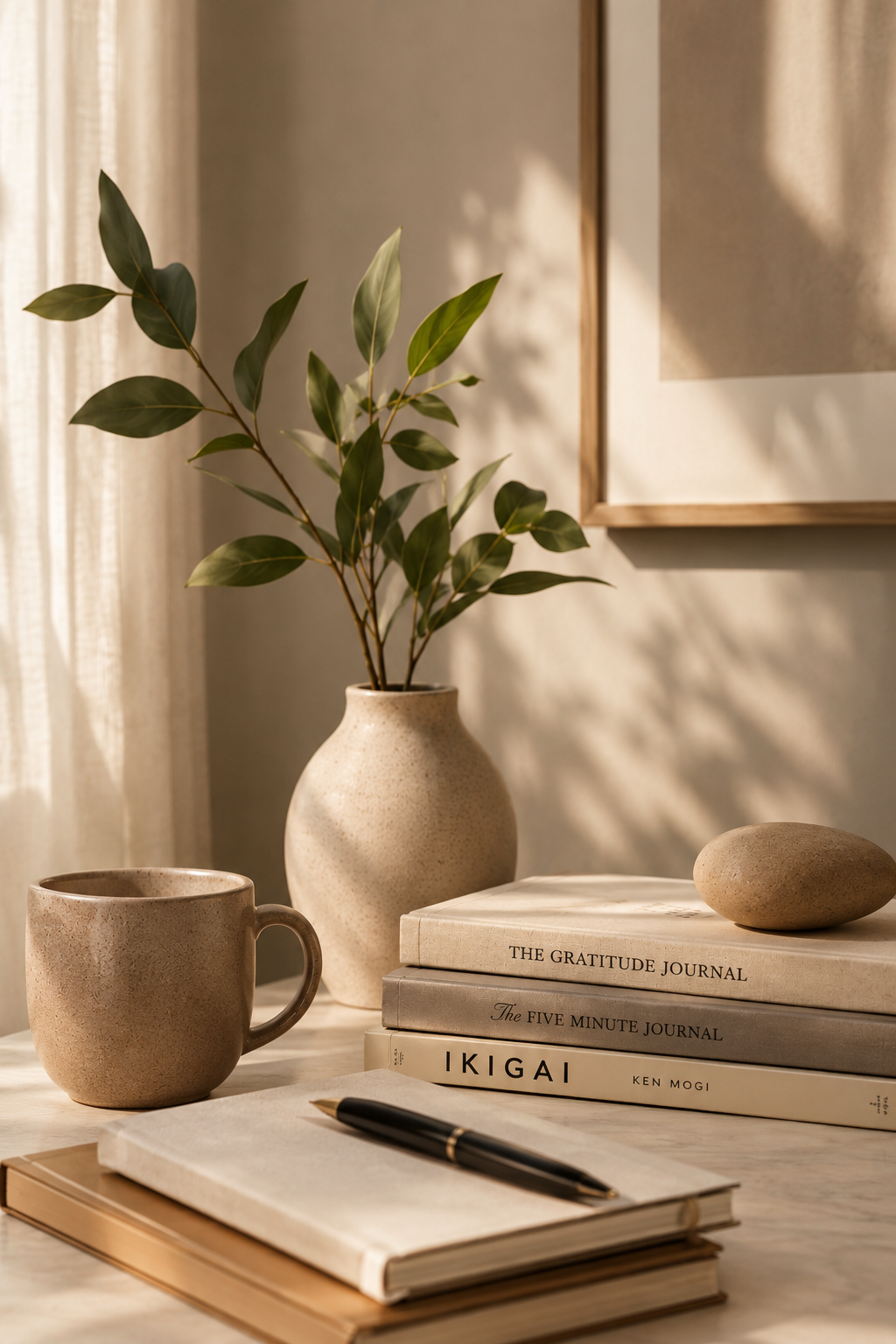 A beige ceramic mug, a beige vase with green leafy plant, a gray book titled 'The Gratitude Journal', a white book titled 'The Five Minute Journal', a book titled 'Ikigai' by Ken Mogi, an opened notebook with a black pen, and a smooth oval stone on top of the books, set on a light-colored table.