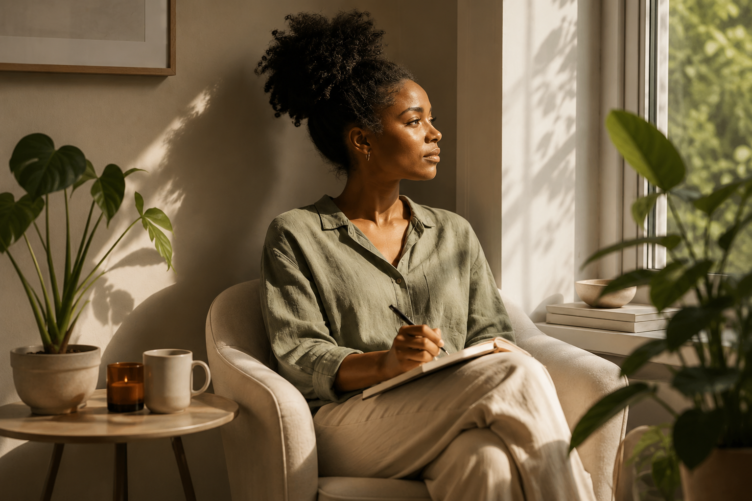 A woman sitting on a beige armchair by a large window, holding a pen and a notebook, surrounded by potted plants and cups, bathed in sunlight.