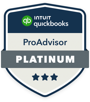 QuickBooks ProAdvisor Platinum badge with green and navy blue design and three stars at the bottom.