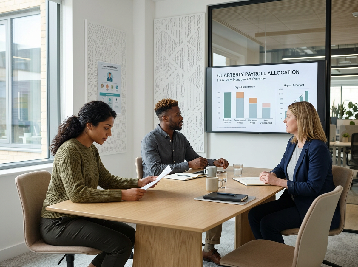 Three people in a business meeting room discussing quarterly payroll allocation, with a large screen displaying a bar chart.