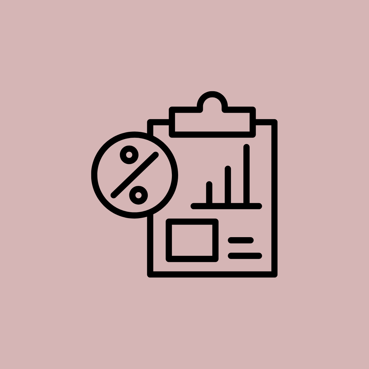 Line drawing of a clipboard with a bar chart, a square, and a small circle, with a percentage symbol next to it, on a pink background.
