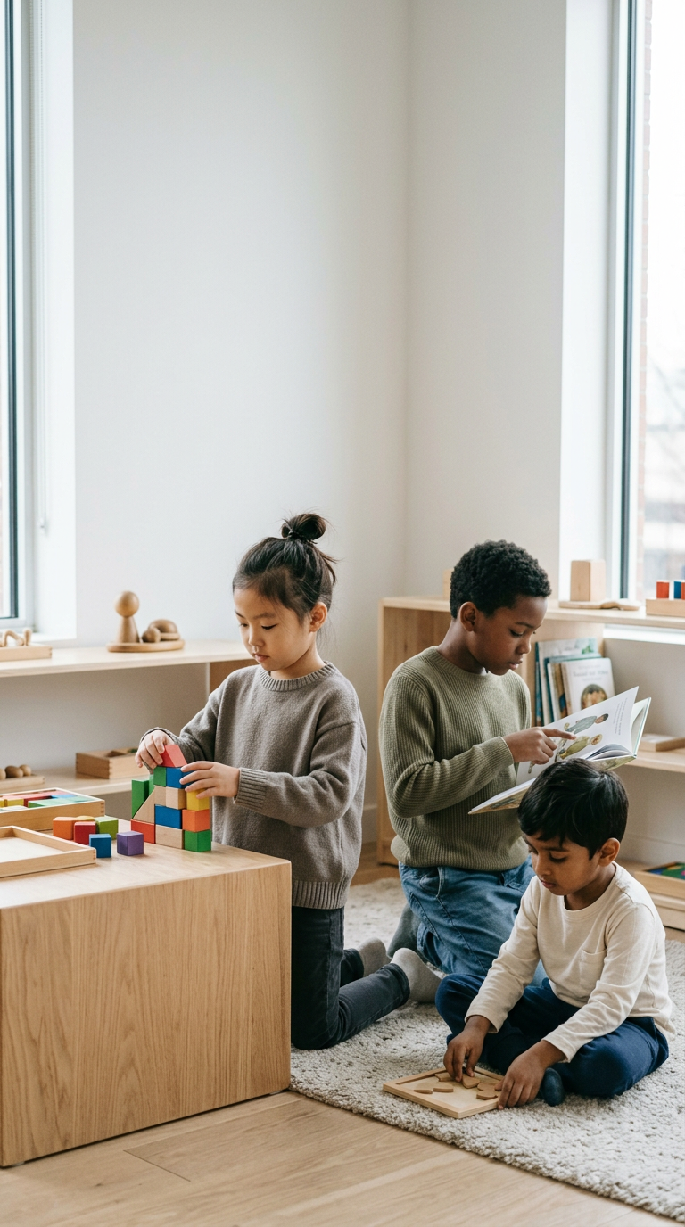 Three children playing and reading inside a bright, cozy room with wooden furniture and large windows.