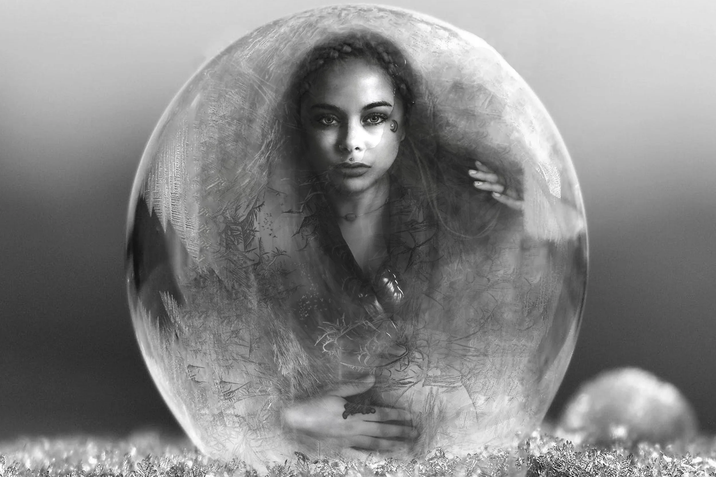 A woman with facial tattoos and piercings looking through a large bubble or sphere, with her hand touching the sphere.