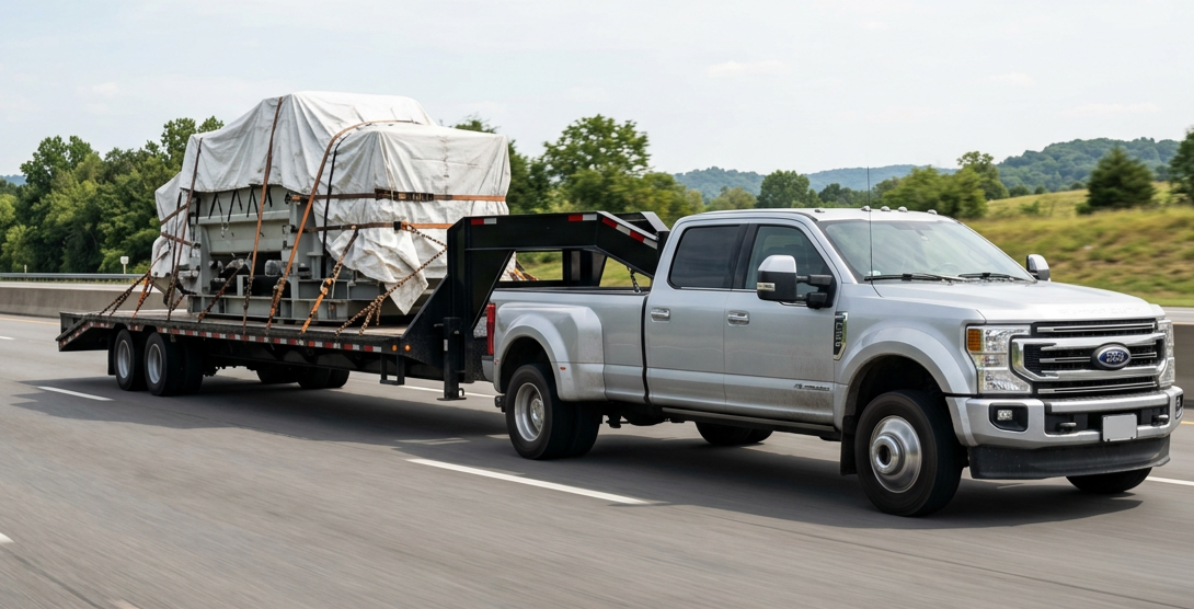 Silver Ford F450 pickup truck towing a flatbed trailer with a large industrial machine covered by a white tarp, driving on an open highway with green trees and hills in the background.