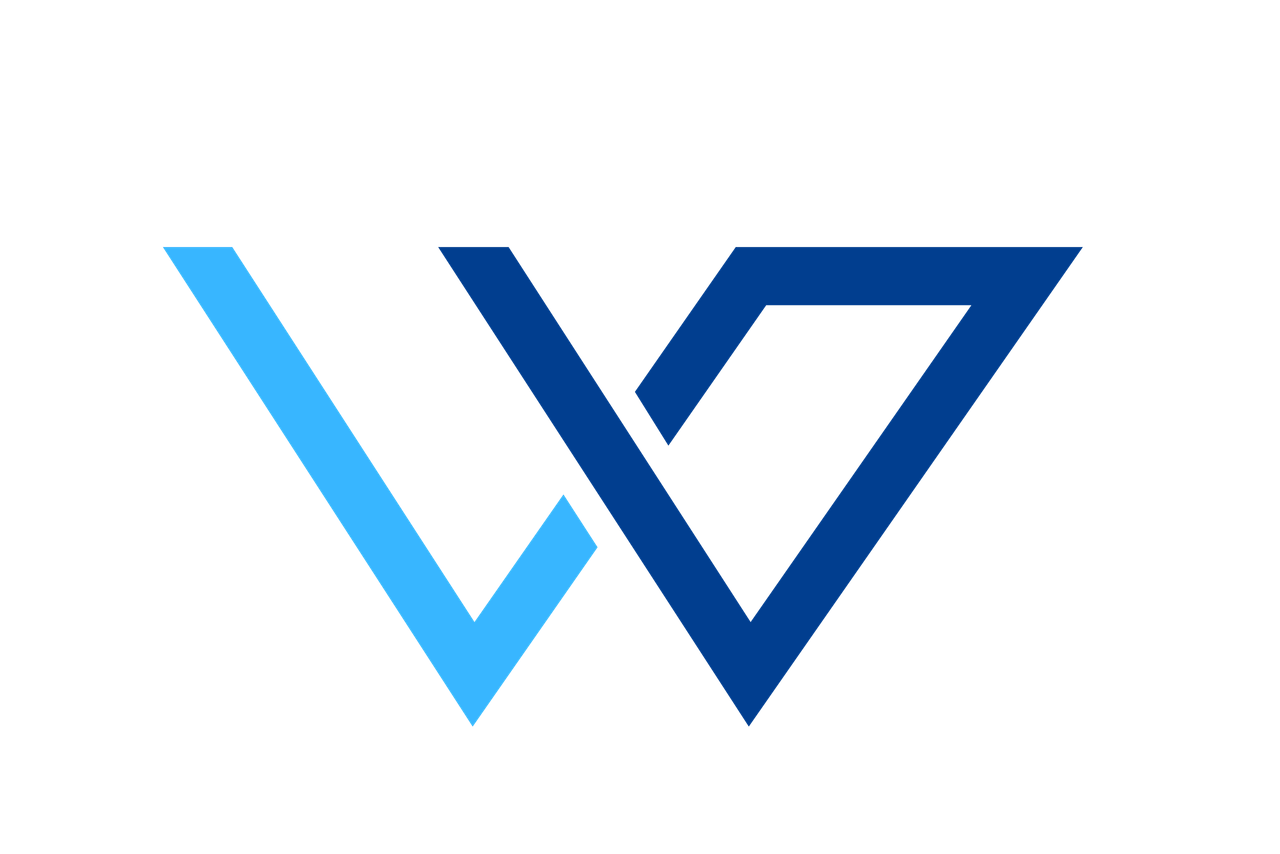 A stylized logo consisting of two overlapping V-shaped lines, one in light blue and the other in dark blue, forming a modern and geometric design.