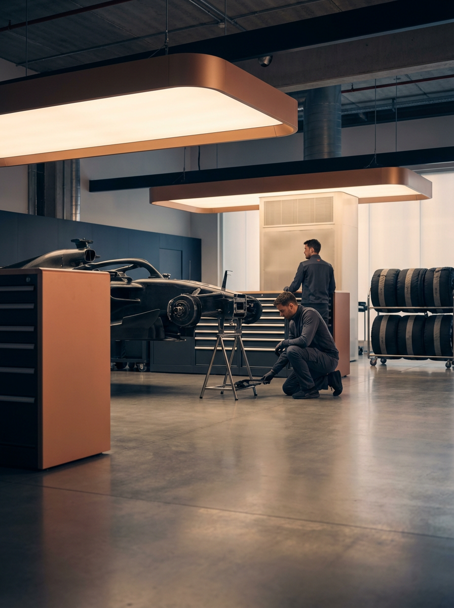Two men working on a Formula 1 car inside a modern garage. One man is kneeling and using tools, the other is standing near a workbench. Stacks of tires are visible in the background.