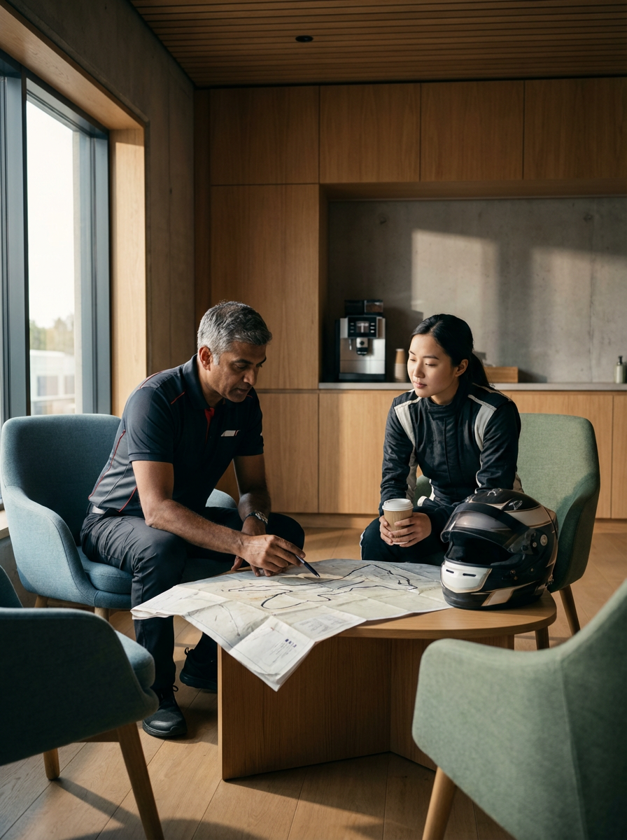 Two people, a man and a woman, sitting in a modern room with wooden walls and a large window, looking at a map on the table. The man is pointing at the map with a pen, and the woman is holding a coffee cup. There is a motorcycle helmet on the table.