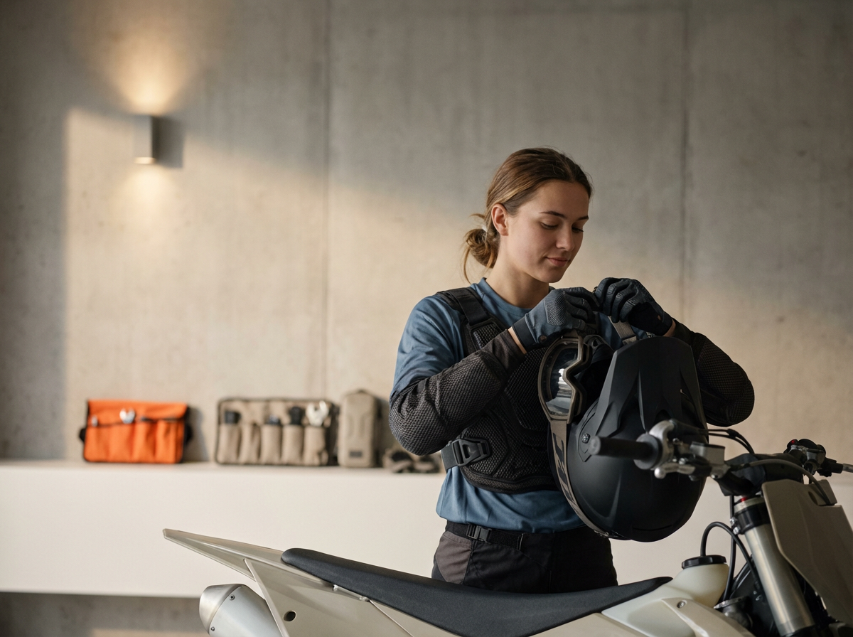 A young woman preparing her motorcycle, holding a helmet and wearing protective gear, in a modern indoor space.
