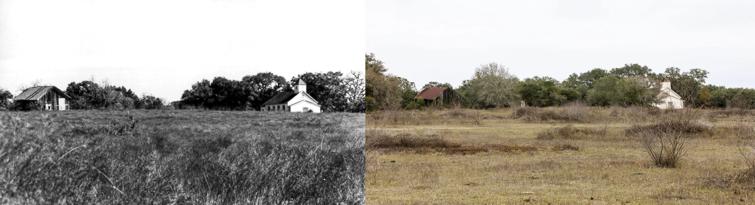 The distinct Garcitas landscape and its structures, Hulder School for Coloreds (L) and Mt. Pisgah (R), are often absent in other Freedom Colonies. It compares a 1958 image with a 2018 image, illustrating a 50-year difference.