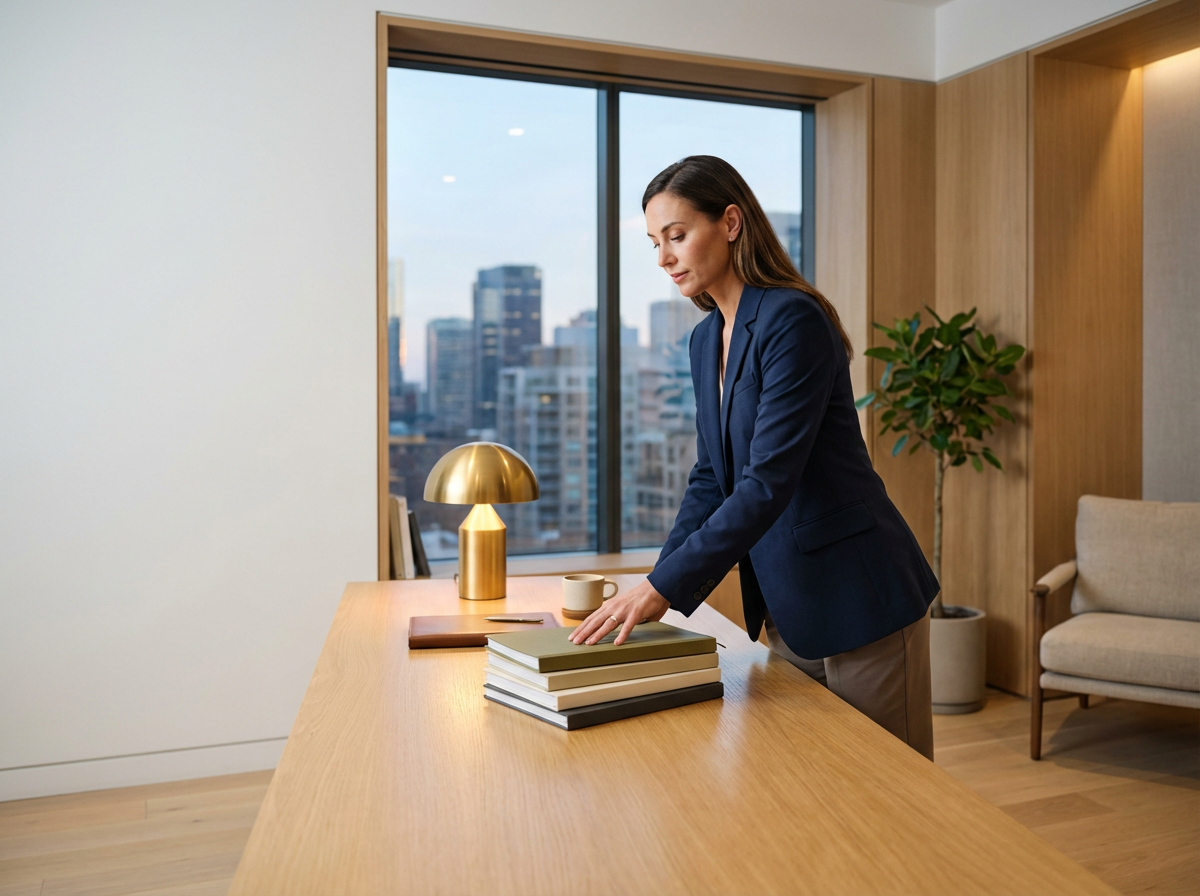 A woman in a navy blazer and beige pants organizing books on a wooden table in a modern office with large windows and a city view.