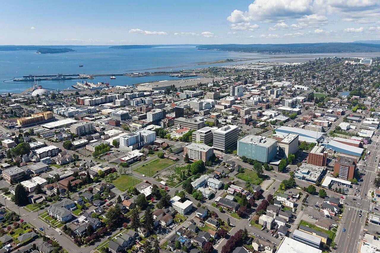 Aerial view of a cityscape with a waterfront, harbor, and mountains in the background, including various buildings, streets, and residential areas.