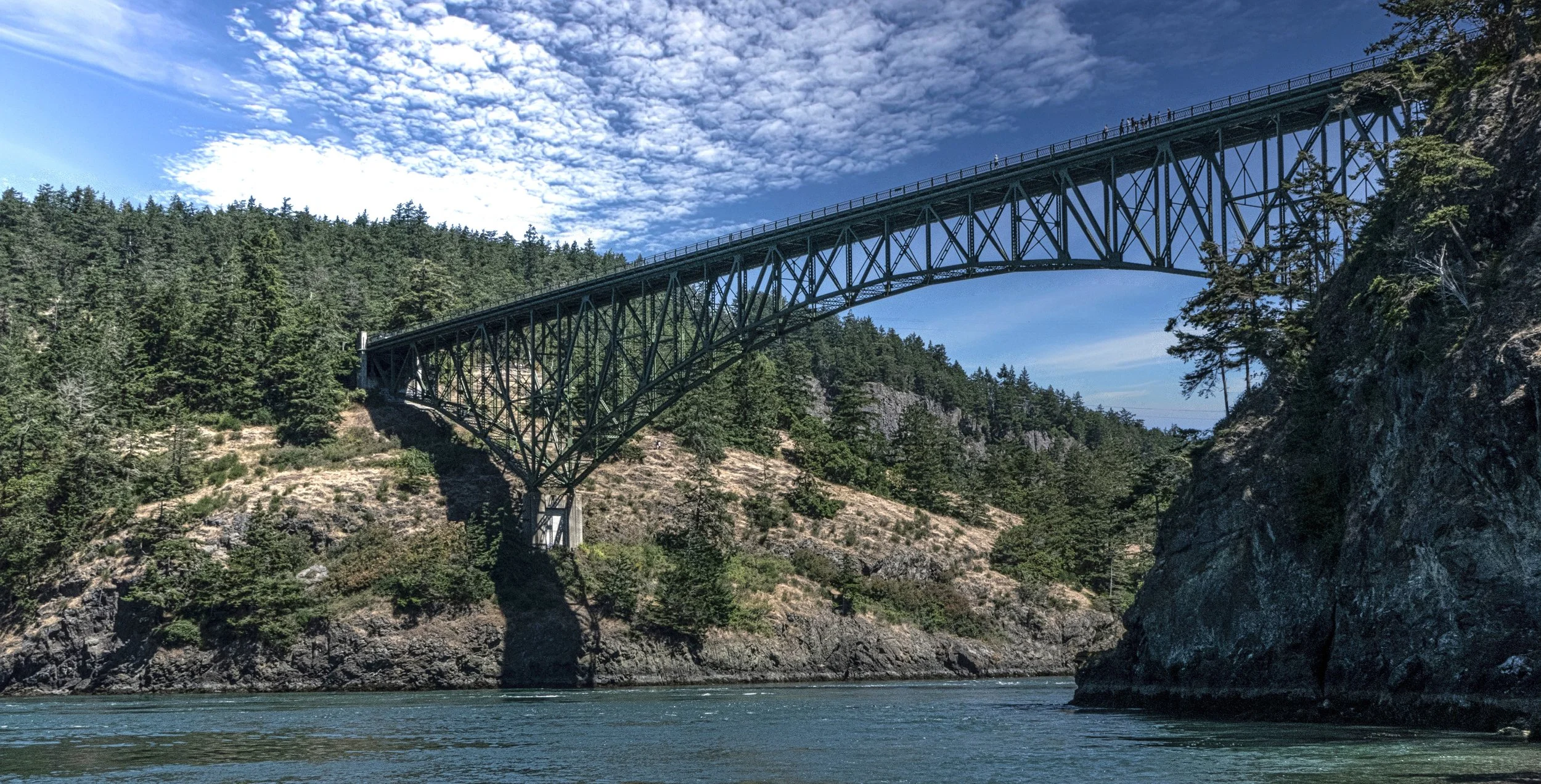 A large steel arch bridge spanning across a river with green forested hills and a partly cloudy blue sky.