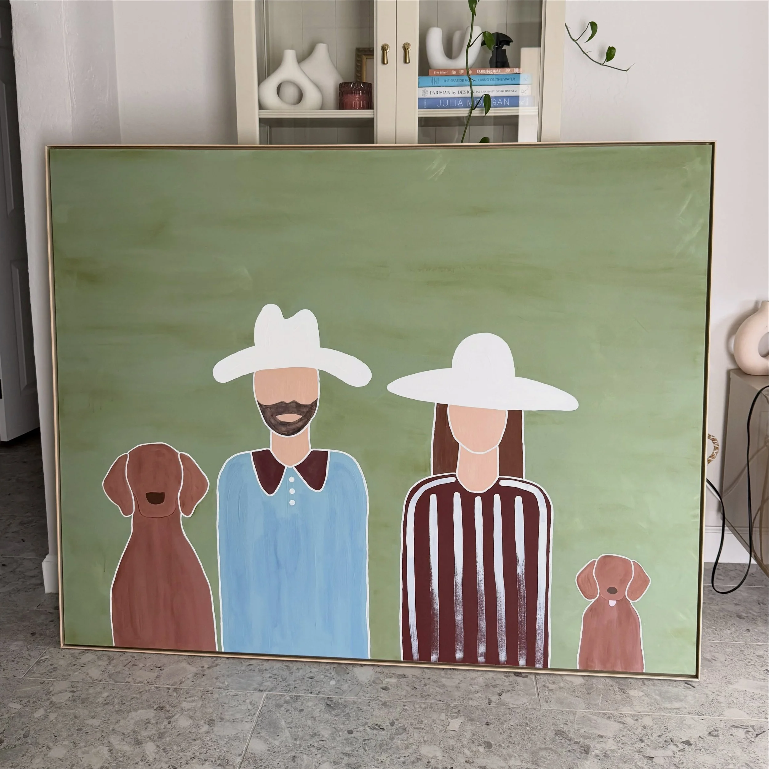 My largest project ever! 

48x60 custom piece. The piece was meant to resemble the client and their two dogs 🐶 

So excited to see this hung in its home soon! Can&rsquo;t wait to share more!