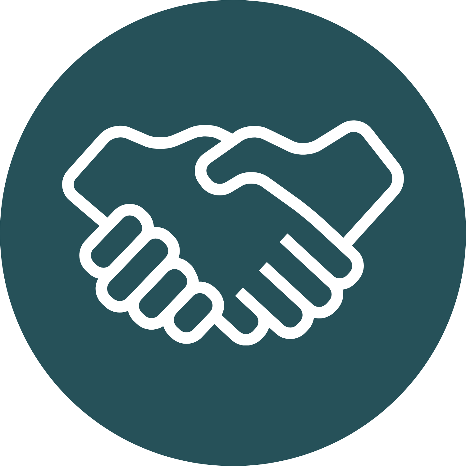 Icon of a handshake inside a dark teal circle, symbolizing agreement or partnership.