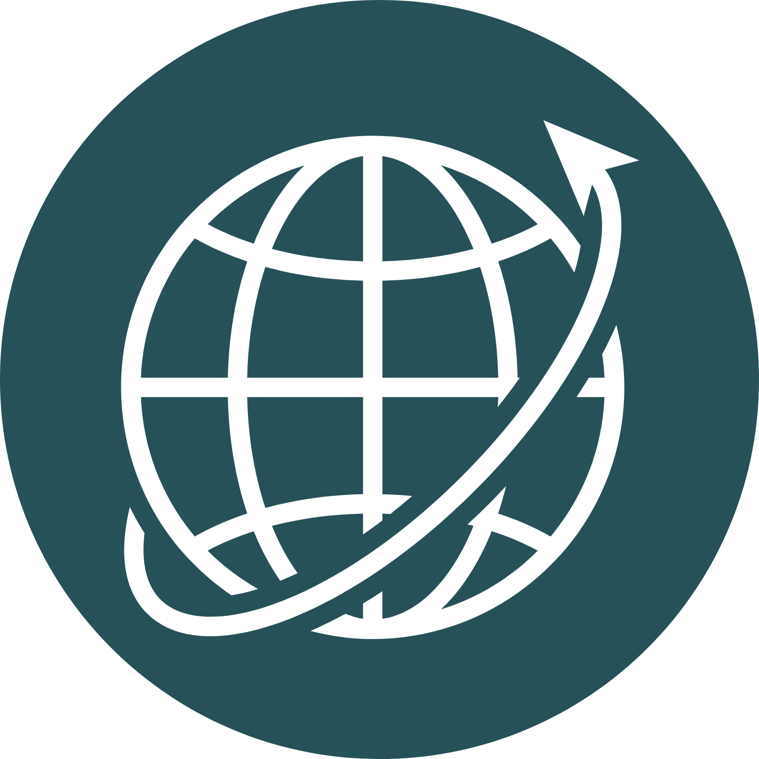 Icon of a globe with latitude and longitude lines and an arrow wrapping around it, indicating global or international reach.