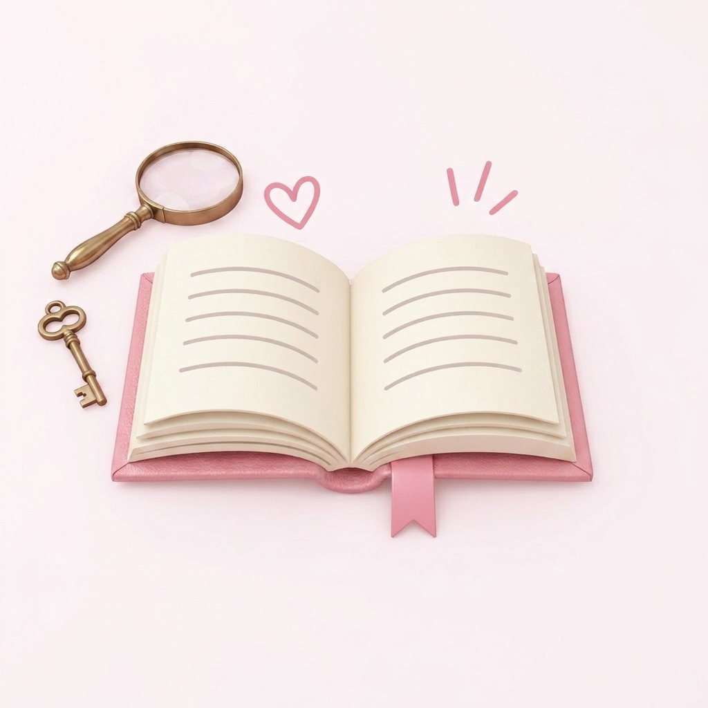 Open pink book with blank pages, accompanied by a magnifying glass and a key, with a heart and lines drawing above.