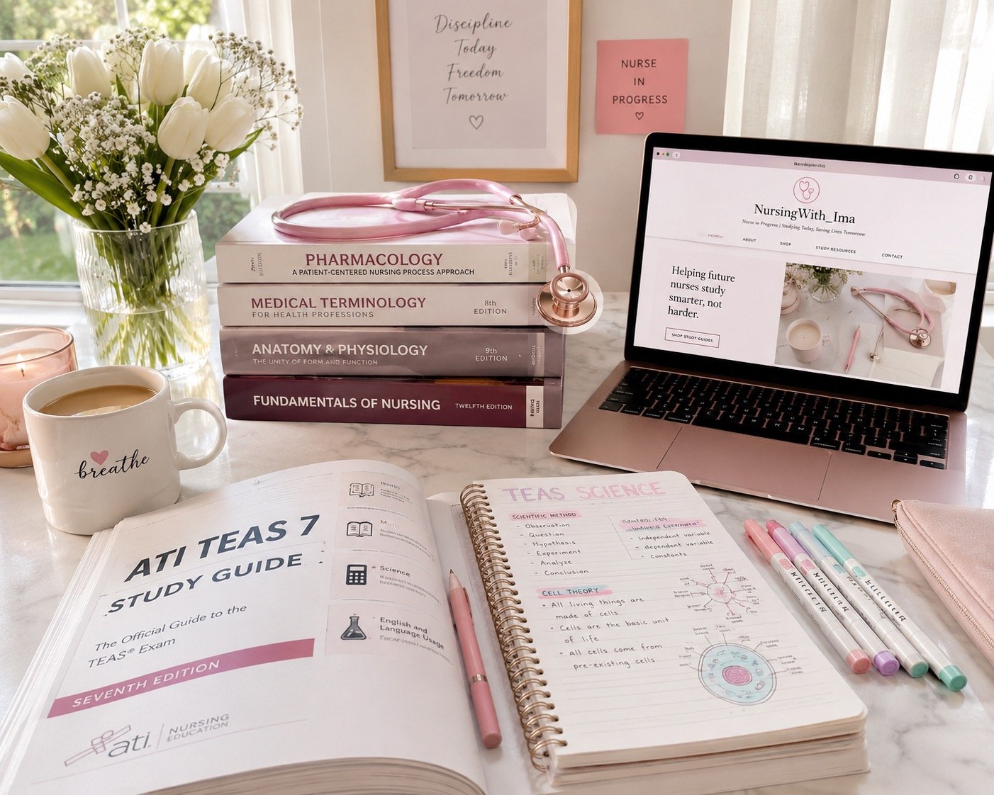 A study setup on a marble table with nursing textbooks, a notebook with handwritten notes, colored pens, a laptop displaying a nursing website, a mug with the word 'breathe', a bouquet of white tulips and baby's breath, a candle, and two framed posters on the wall with motivational phrases.