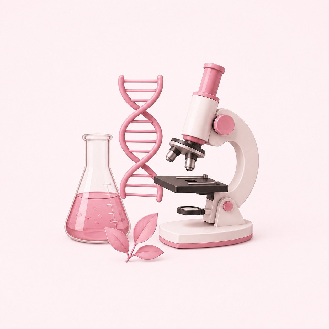 A pink and white toy microscope with a DNA helix model, a glass flask with pink liquid, and pink leaves on a light pink background.