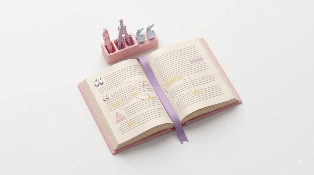 Open notebook with colored annotations, a purple ribbon bookmark, and pink stationary holder with pens and quotes on a white surface.