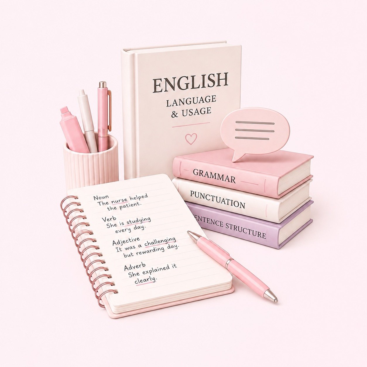 Pink and white study materials on English language and grammar, including a notebook with handwritten sentences, a stack of books labeled Grammar, Punctuation, and Sentence Structure, a speech bubble, and pink pens, set against a light pink background.