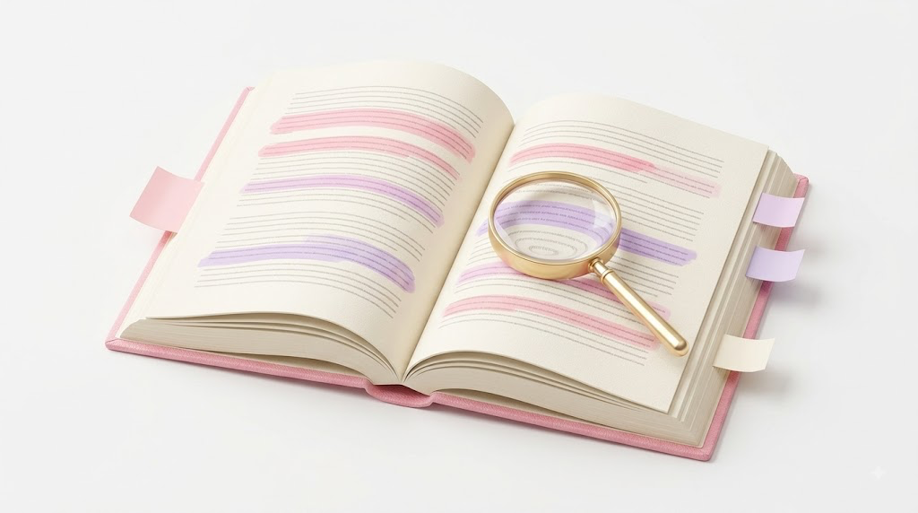 Open book with pink, purple, and blue highlighted text, and a magnifying glass on the pages.