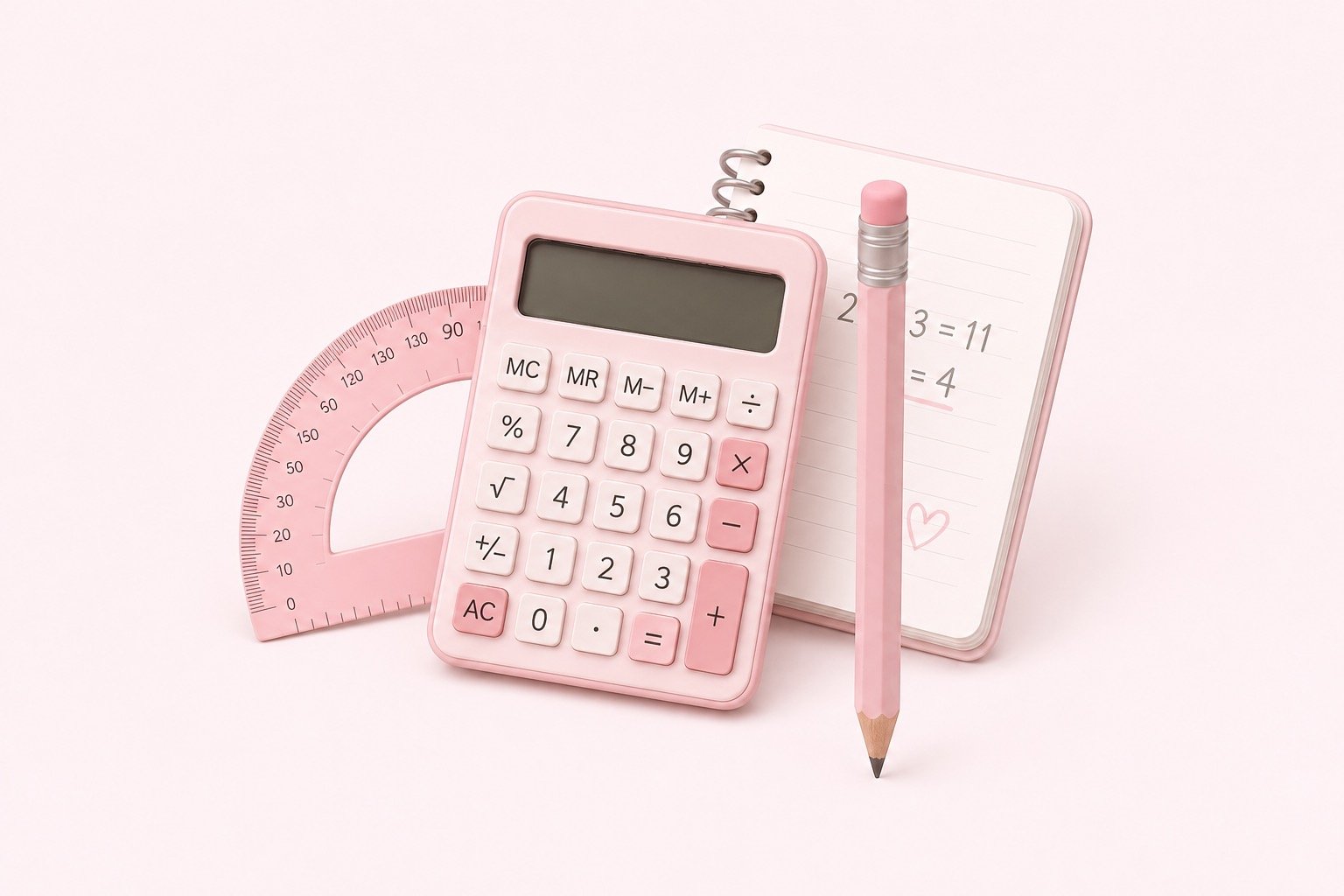A pink calculator, protractor, notebook, and pencil on a light pink background.