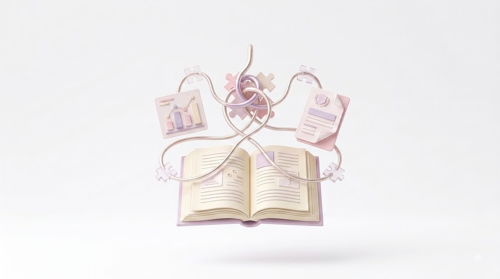 Open book with connected pink and purple cables to charts and documents, symbolizing data analysis or information processing.