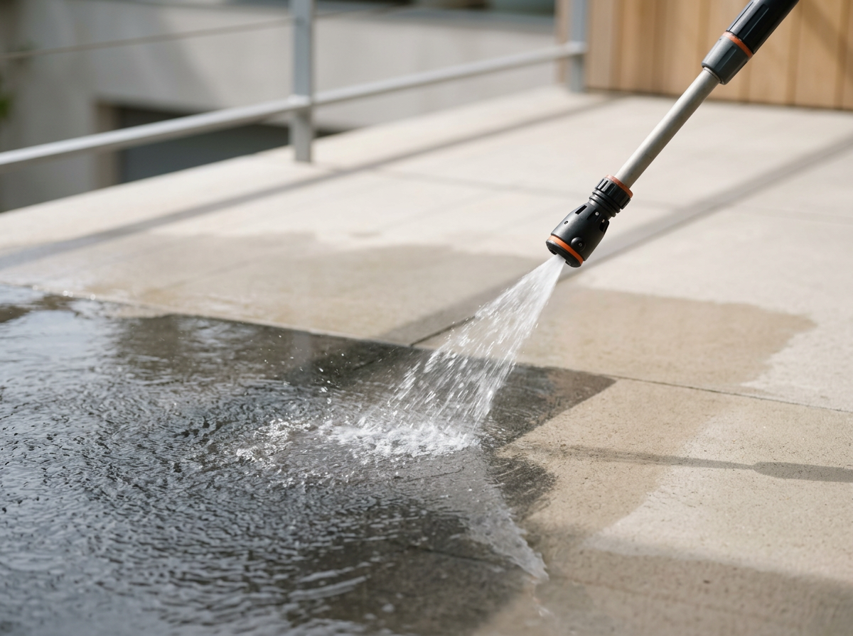 Un tuyau de nettoyage pulvérise de l'eau sur une surface en pierre ou en béton.