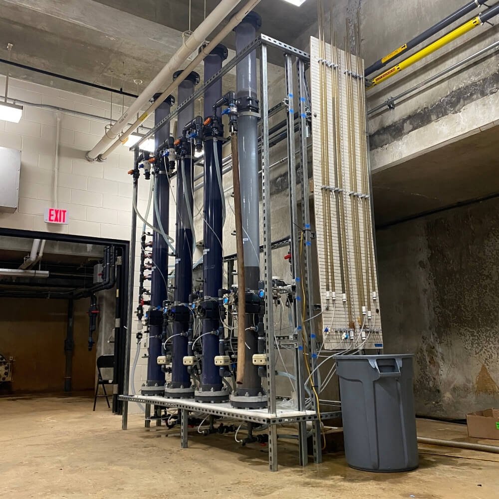 Water treatment system equipment in use.