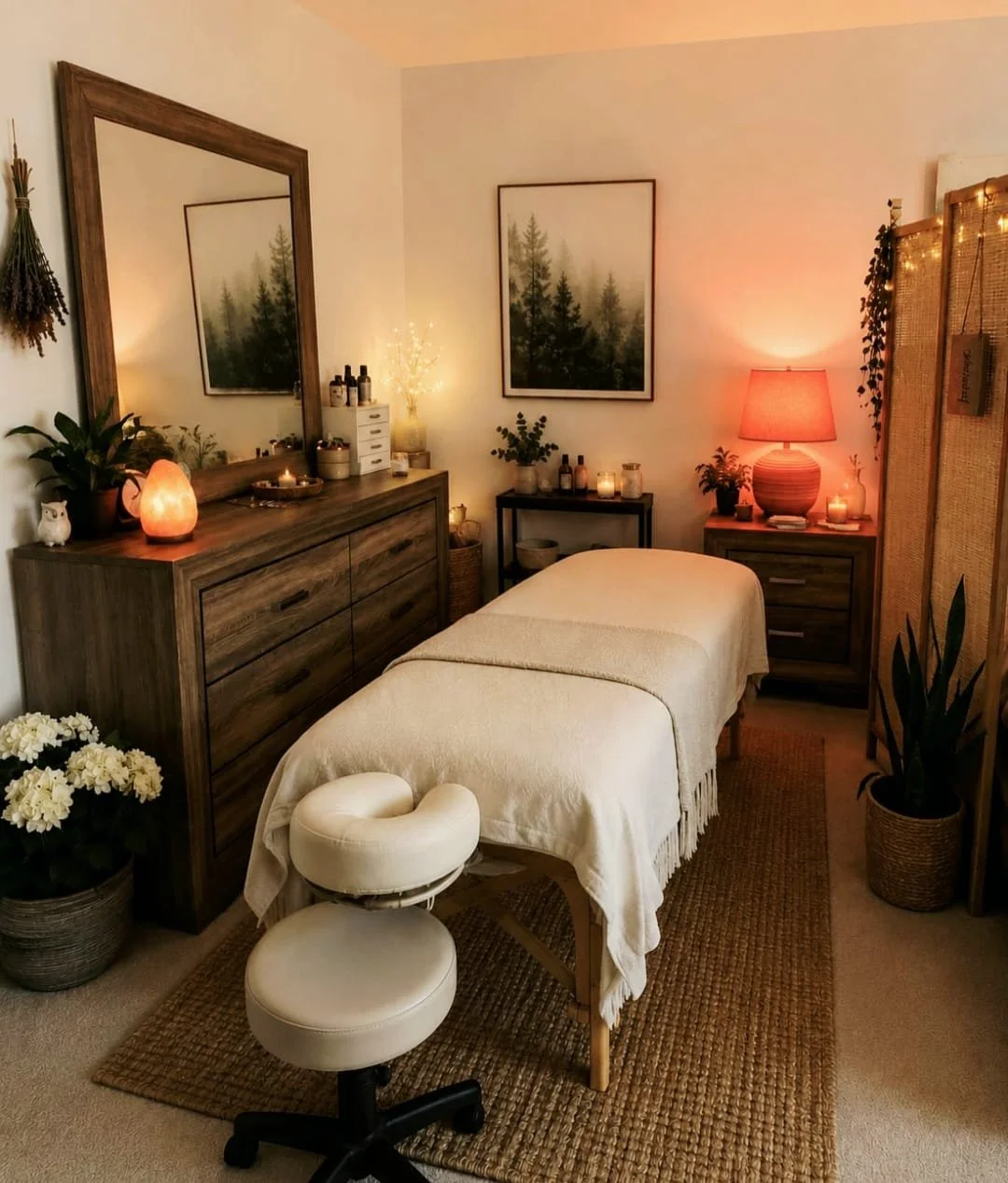 A cozy massage therapy room decorated with warm lighting, candles, and plants. There is a massage table covered with a cream blanket, a rolling stool, a dresser with a large mirror, and artwork of foggy trees on the wall.