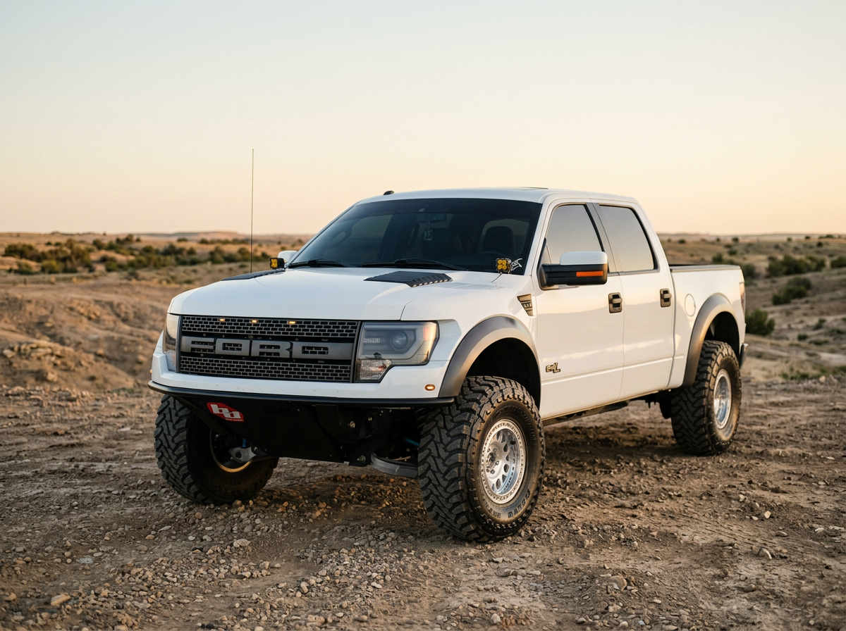 A white Ford pickup truck with off-road tires parked in a desert landscape during sunset.