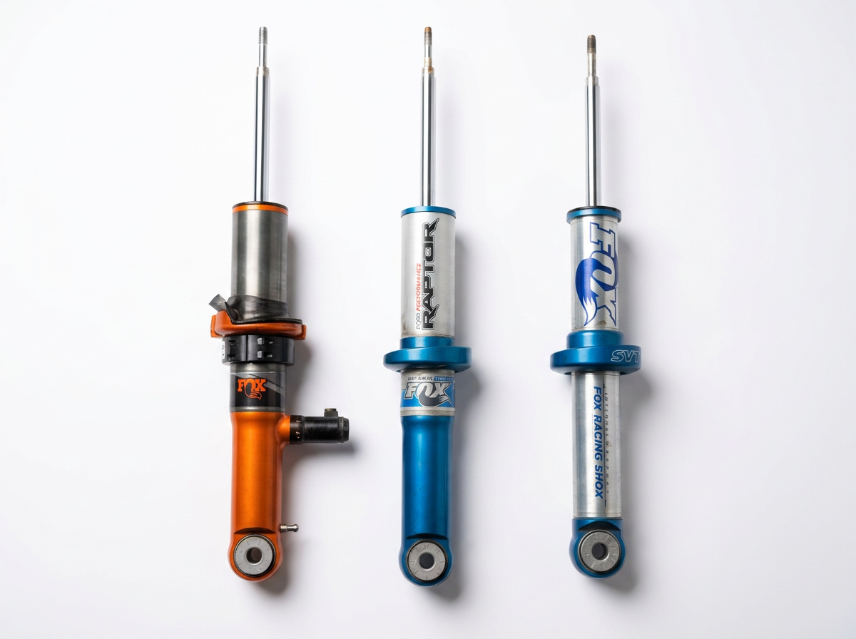 Three Fox Racing Shox mountain bike suspension forks aligned vertically on a white background.