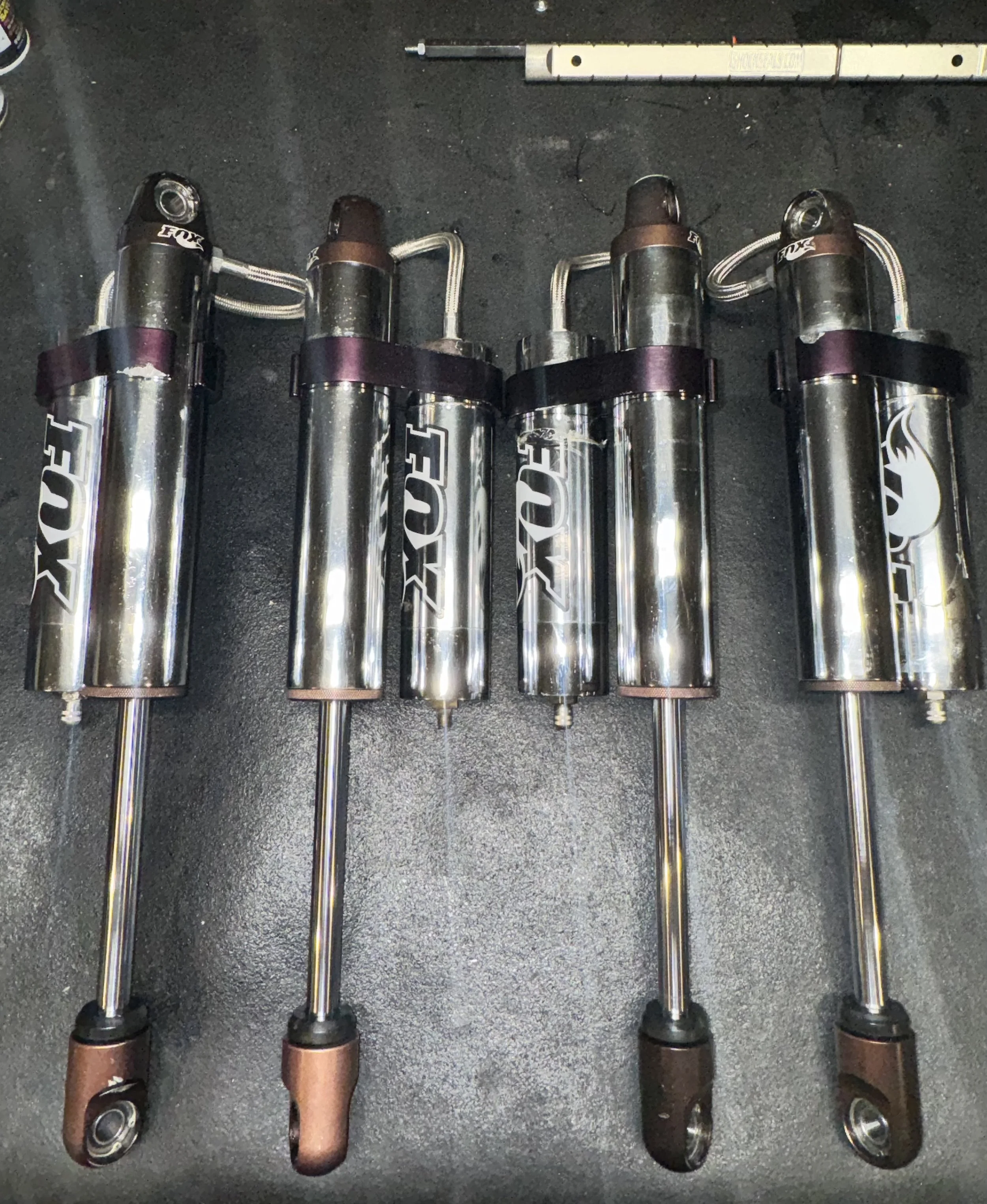 A row of four Fox brand bicycle suspension forks with metallic silver bodies and bronze-colored lowers, lying on a black surface, with a metal measuring device above them.