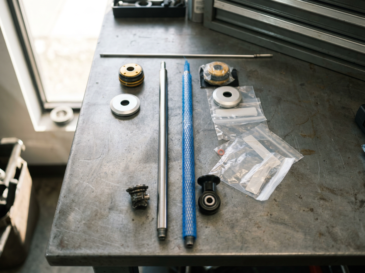 Tools and parts laid out on a metal workbench, including metal rods, washers, and small plastic bags with hardware.