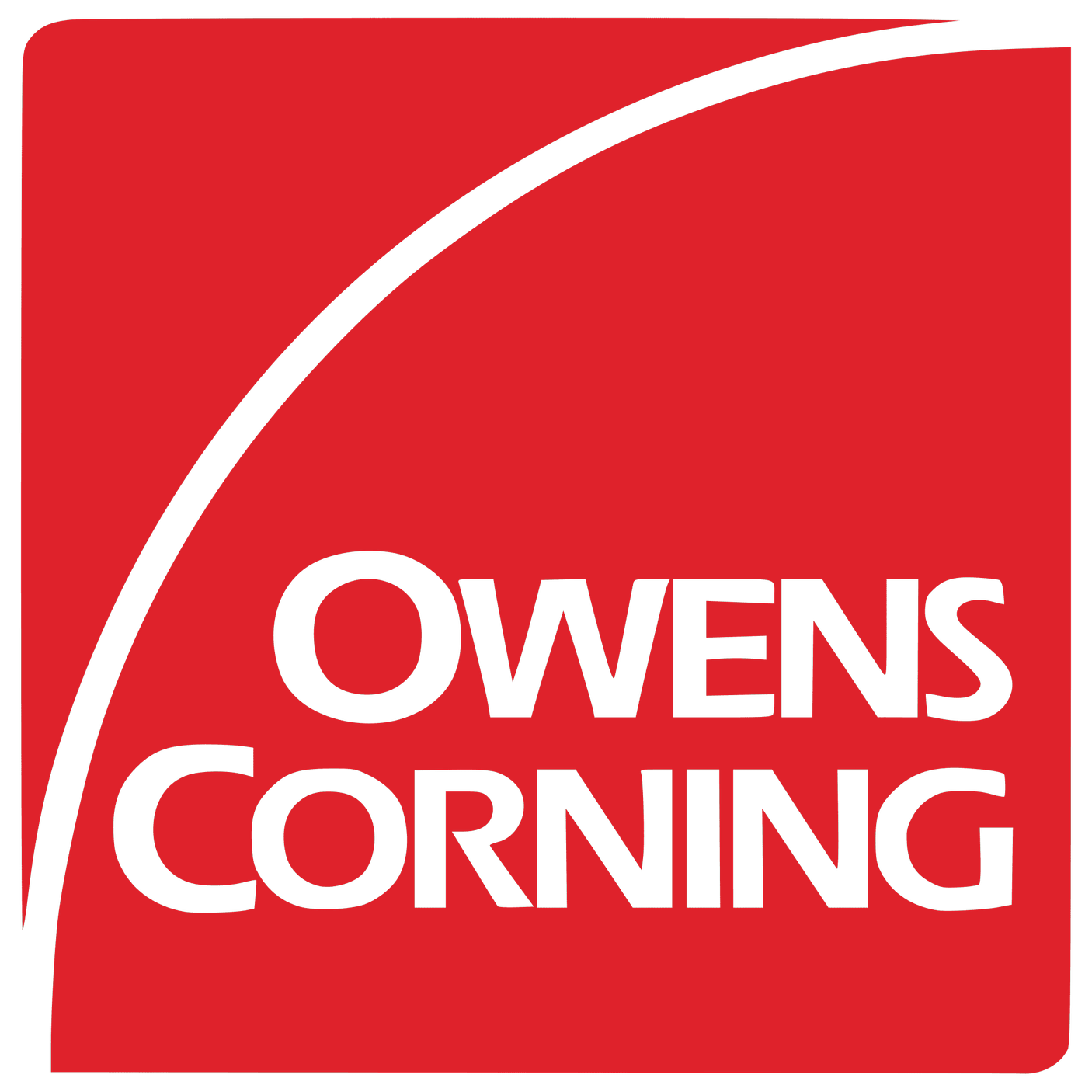 Red background with black curved line and the words "Owen's Corning" in black text.